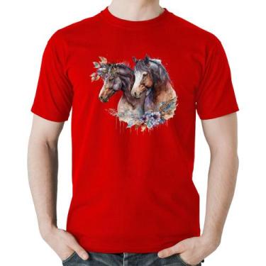 Imagem de Camiseta Algodão Casal de cavalos e flores - Foca na Moda, Vermelho, P