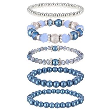 Imagem de DIVINA VITAE 5 pulseiras elásticas com contas azuis empilháveis pulseiras de contas de cristal boho pulseiras com contas elásticas em camadas de pedras de cristal pulseiras modernas bijuterias