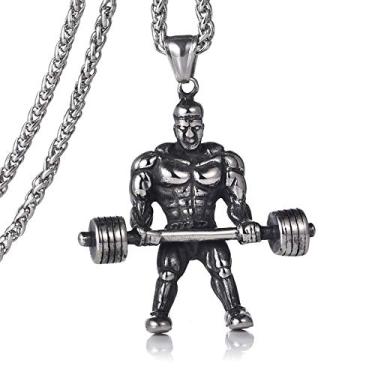 Imagem de FIZIZDH Colar masculino de aço inoxidável com pingente de halteres Hércules musculosos, corrente de elos de 61 cm