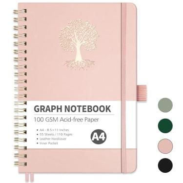 Imagem de RETTACY Caderno de papel quadriculado, 110 páginas, tamanho grande A4 (21 cm × 28 cm), 5 quadrados por polegada, capa dura de couro, papel grosso 100 GSM, para escola, estudantes, matemática