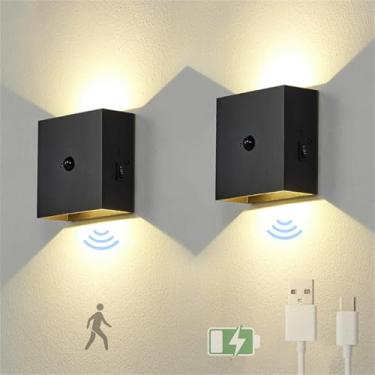 Imagem de Luminária de parede LED para quarto com sensor de movimento, arandelas de parede internas, luz de parede sem fio operada por bateria, preta, recarregável por USB, iluminação interna de pared