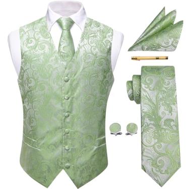 Imagem de YourTies Conjunto de gravata masculina vitoriana de seda Paisley colete formal colete gótico steampunk com lapelas entalhadas, Verde sálvia, M