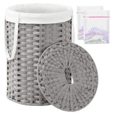 Imagem de SETVSON Cesto de roupa suja com tampa, cesto de roupa suja com tampa, 72 L, cesta redonda de vime com tampa, bolsa removível, 2 sacos de malha, alças para sala de estar, banheiro, cinza