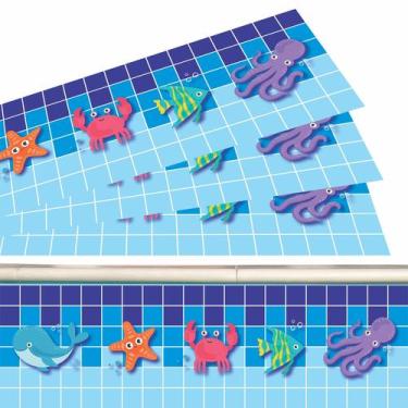 Imagem de Kit 10 Adesivos Piscina Azulejo Quadriculado Azul Animais 100x20cm - R