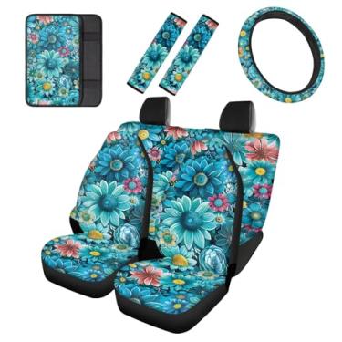 Imagem de Cozeyat Conjunto completo floral de capas de assento de carro para mulheres, pacote com 8 capas de volante, almofadas de cinto de segurança, console central, apoio de braço, acessórios universais para