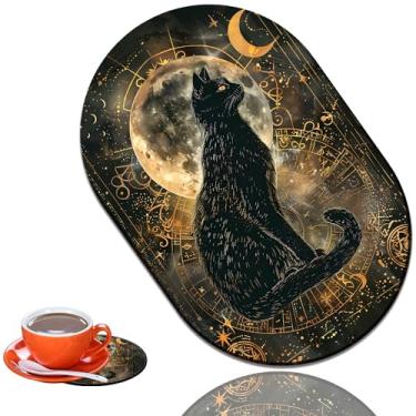 Imagem de Conjunto de mousepad e porta-copos para jogos de superfície lisa, tapete de borracha antiderrapante lindamente padronizado adequado para mouse pads de escritório e casa, gato preto adivinhado