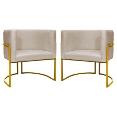 Imagem de Kit 2 Poltronas Decorativa Luxo Base De Metal Dourada Escritório Recepção Sala Suede Bege Eli Móveis E Decoração