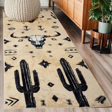 Imagem de Tapete de corredor asteca ocidental 5 x 15 para decoração de casa de banho, casa de fazenda, vintage, deserto, cacto, touro, caveira, tapete de couro bovino, tapete antiderrapante, lavável, para