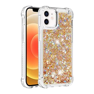 Imagem de Capa de telefone à prova de choque para iPhone 12 Mini com glitter líquido de areia movediça e corações flutuantes, capa de TPU de camada dupla reforçada com 4 cantos, protetor de telefone seguro