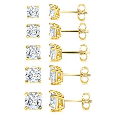Imagem de MDFUN Conjunto de 5 pares de brincos com corte almofadado, ouro branco/ouro amarelo, zircônia cúbica hipoalergênica, 4 garras, zircônia cúbica para mulheres e homens, pacote com 5 pares de 3 a 7 mm, Banhado a ouro amarelo, Zircônia cúbica