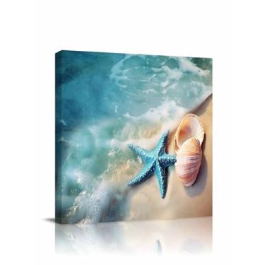 Imagem de Arte de parede em tela para sala de estar azul oceano estrela do mar concha impressão emoldurada arte ondas praia imagens de parede para quarto escritório banheiro decoração pronto para pendurar 20 x