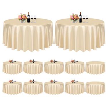 Imagem de FXKS Pacote com 12 toalhas de mesa redondas de champanhe de cetim de 228 cm, toalha de mesa sedosa brilhante, toalha de mesa lavável e macia de seda, sobreposição para festa de casamento, banquete