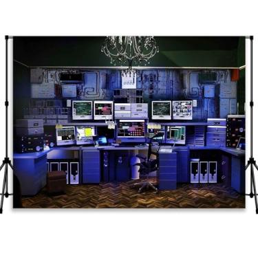 Imagem de QICAIYUN Pano de fundo de escritório de computador retrô para foto de computador fundo azul para sala de hacker para fotografia decoração de sala de festas, adereços de cabine de fotos, suprimentos
