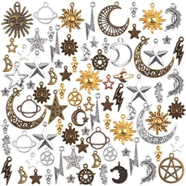 Imagem de Pingentes Celestiais, 100 gramas (cerca de 80-90 peças) Pingentes de liga antiga de sol e lua mistos para fabricação de joias e artesanato