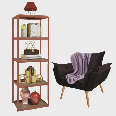 Imagem de Kit Poltrona Fatte com Manta Soft Lilás e Estante Livreiro Ferro Bronze mdf Imbuia Suede Marrom - Ahazzo Móveis