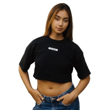 Imagem de Camiseta Feminina T-shirt Cropped Borracha Manga Curta Oversized Confortavel Streetwear Preto-Feminino