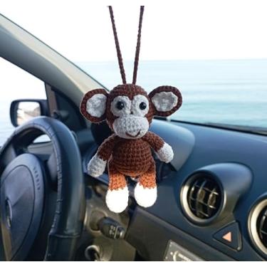 Imagem de Suporte de espelho retrovisor de carro de crochê feito à mão com macaco, acessórios para pendurar, enfeite de pingente de carro, um presente para amantes de macacos.