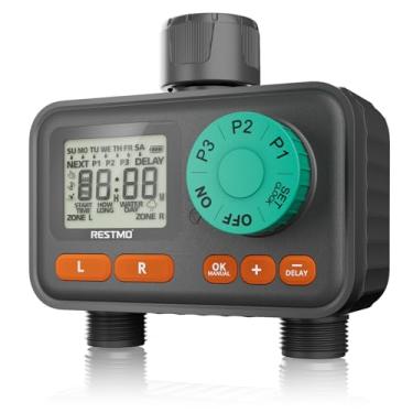 Imagem de RESTMO Temporizador de irrigação de 2 zonas com 3 programas separados, temporizador de água programável de 7 dias para mangueira de jardim, controle digital automático/manual/atraso de chuva, ideal