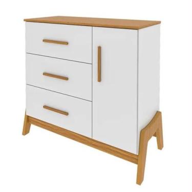 Imagem de Cômoda Guti Retrô 1 Porta 3 Gavetas Branco/Amêndoa Peroba