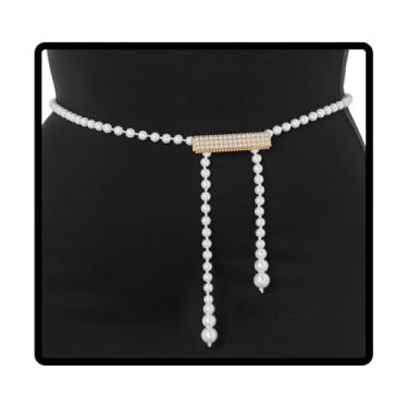 Imagem de Wriidy Cinto de pérola branco feminino Wasit corrente ajustável plus size cintos acessórios para o corpo para vestido, 56 inches, Acrílico, Sem Pedra Preciosa