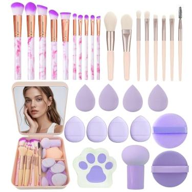 Imagem de Conjunto de 30 pincéis de maquiagem com 12 peças de esponja de mistura e espelho - Kit de pincéis de blush para sombra, corretivo em pó sintético premium Kabuki – Ferramentas cosméticas (conjunto de