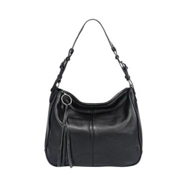 Imagem de Bolsa Hobo Feminina de Couro Genuíno - Preta e Bege - Clássica e Casua