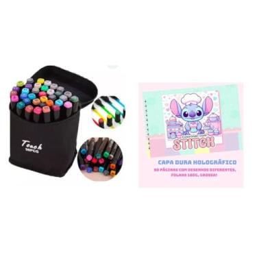 Imagem de Kit Livro De Colorir Crianças e Adulto + Conjunto Estojo Canetas Canetinha 36 Cores - Combata o Estresse e Estimule a Imaginação (Rosa Stitch)