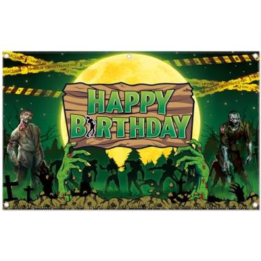 Imagem de YCUCUEI 244 x 152 cm, cenário de aniversário de zumbi, dia das bruxas, cemitério assustador, lua grande, faixa para decoração de festa infantil, adereços de cabine de fotos para eventos assustadores