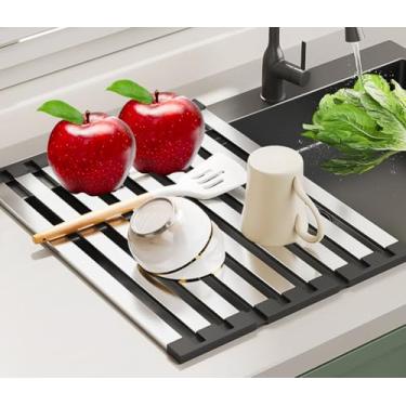 Imagem de HMTRADE Escorredor de louça sobre a pia, escorredor de pratos dobrável de aço inoxidável, escorredor de pratos dobrável ajustável para bancada de pia de cozinha, acessórios de pia multiuso (60 cm)