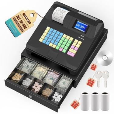 Imagem de Perfiware Caixa registradora com gaveta de dinheiro e impressora de recibos embutida, caixas registradoras para pequenas empresas com visor duplo, teclado à prova de óleo para loja/restaurante/loja
