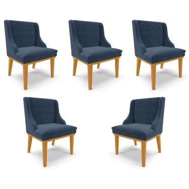 Imagem de Kit 5 Cadeiras Decorativas Sala De Jantar Base Fixa De Madeira Firenze Suede Azul Marinho/castanho
