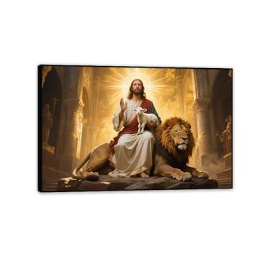 Imagem de Arte de parede Jesus e leão Cordeiro de Deus imagens pôsteres arte para sala de estar quarto decoração de igreja 75 x 50 cm (30 x 20 pol) moldura preta