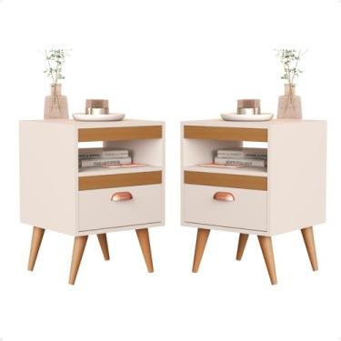 Imagem de Kit 2 Mesas De Cabeceira 1 Gaveta Moderna Pés Palito Retrô Acabamento Brilhante Cor Offwhite/ypê-flex