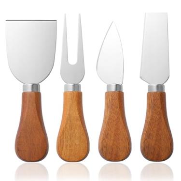 Imagem de YUANQIAN Conjunto De Facas Para Queijo Com Cabo Madeira Acácia - Faca, Espalhador, Garfo, Fatiador, Mini Ferramentas Aço Inoxidável Tábuas Frios (4 Peças/Conjunto, P)