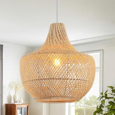 Imagem de QianZhan Luminária Pendente De Vime Qianzhan, 13,4" Boho Trançado À Mão, Lustre Vime, Teto Suspensa Com Cesta Costeira Para Cozinha, Ilha, Sala Jantar, Restaurantes, Quarto E Corredor