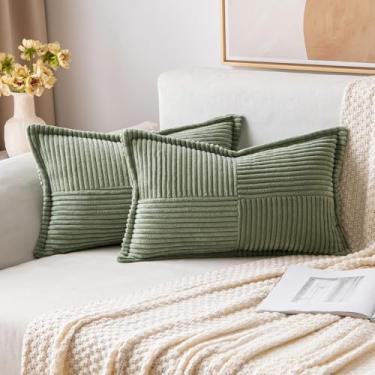 Imagem de MIULEE Capas de almofada lombar de veludo cotelê verde-oliva claro 30,5 x 50,8 cm com conjunto de emendas de 2 fronhas macias Boho decorativas texturizadas de verão para sofá-cama sala de estar
