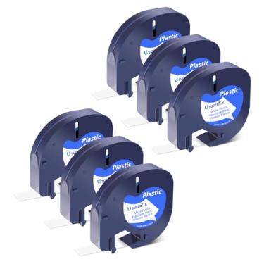 Imagem de USUPERINK Pacote com 6 refis de etiquetas Letra Tag 91331 91201 91221 59422 S0721660 Fita de plástico branca de 12 mm x 4 m para Letra Tag LT100H LT100T QX50 etiquetadora preta sobre fita branca