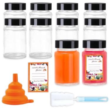 Imagem de Hadatido Pacote com 10 garrafas de vidro de 60 ml com tampas – Frascos reutilizáveis de boca larga para suco, gengibre, licor, óleos, adesivos de suco, escova de limpeza e funil de silicone (sem BPA