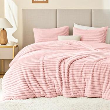Imagem de EXQ Home Conjunto De Edredom Fofo Tamanho King - Edredom Supermacio Com Listras De Pele Sintética Jacquard 3 Peças, Conjunto De Cama De Lã Rosa, Conjunto De Cama Quente De Inverno, 1 Edredom Com 2 F