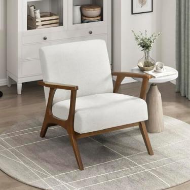 Imagem de Lexicon Cadeira moderna de meados do século, espreguiçadeira de tecido de chenille, moldura de madeira maciça castanha, descanso de braço amplo e conforto acolchoado para sala de estar/escritório