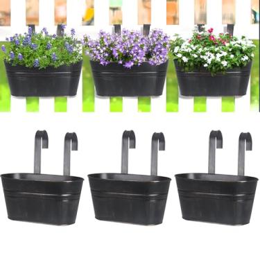 Imagem de Timfuis Pacote com 3 vasos de flores suspensos de metal para cerca de corrimão, plantador de grade de varanda com ganchos destacáveis, orifícios de drenagem para deck, jardim, decoração de casa, preto