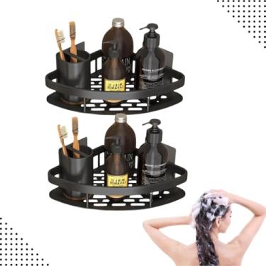 Imagem de Kit 2 Prateleiras de Canto Multiuso Adesiva Porta Shampoo em Chapa Reforçada Organizador de Parede (Preto)