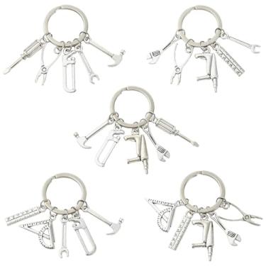 Imagem de LiQunSweet 5 peças, chaveiros, ferramentas de reparo, réguas, chaveiros de papelaria, chaveiros de carro, chave inglesa, martelo, caixa de ferramentas, pingente chaveiro para presente de aniversário