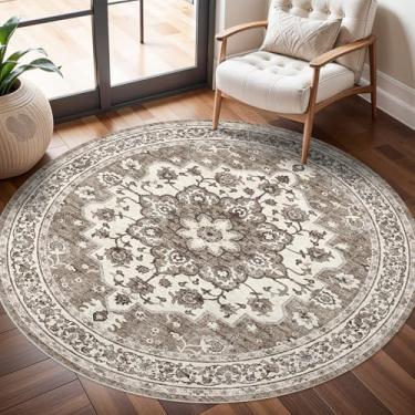 Imagem de TOPRUUG Tapete de área oriental lavável – Tapetes redondos de 1,2 m para sala de estar, tapete macio para quarto, impermeável, floral, envelhecido, resistente a manchas, resistente a manchas (bege