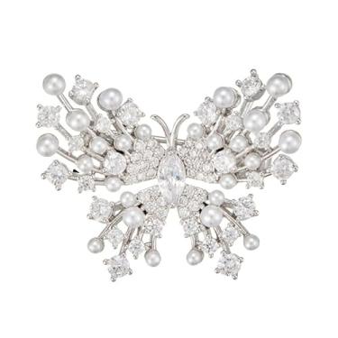 Imagem de Kokoma Broche de borboleta de pérola de cristal elegante para mulheres tom prata brilhante zircônia cúbica casamento corpete distintivo para vestido de pano, acessórios de terno joias