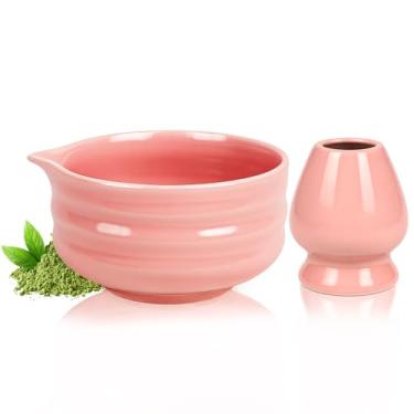 Imagem de Arrozon Tigela Matcha rosa de 482 g com bico, 2 peças de suporte de cerâmica Chasen e conjunto de tigelas de mistura, estilo japonês feito à mão chá verde Chawan fofo, presentes para amantes de matcha