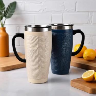 Imagem de Caneca Térmica Parede Dupla em Aço Inox Bege 550ml com Alça Ergonômica - Estilo Texturizado