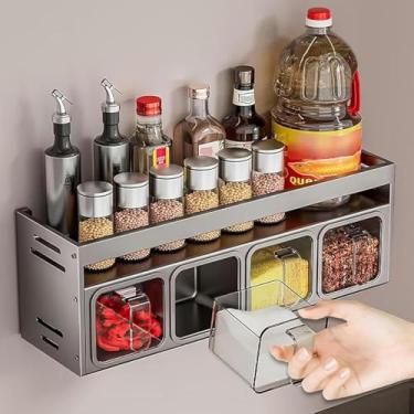 Imagem de Organizador De Prateleira De Especiarias Montado Na Parede Prateleira De Especiarias De Cozinha Para Tempero De Bancada Caixa Recipientes Com Alça Para Ervas Sal Açúcar, Grey, With 4 spice box