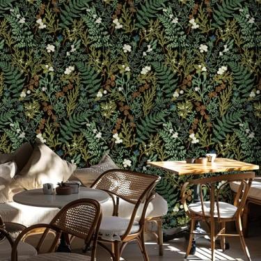 Imagem de FlockenHome MulYeeh Papel de parede floral Boho 47,5'' x 472'' papel de parede folha verde escuro papel de contato autoadesivo para decoração de armário de bancada de casa