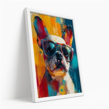 Imagem de Quadro Decorativo Bulldog Francês Óculos Arte Colorida Estilo Pop Moderno Pet Divertido Parede Criativa Com Moldura